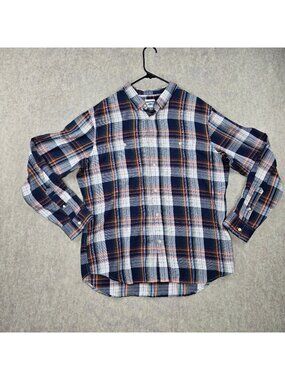 Old Navy Men's Slim Fit Plaid Button-Down Shirt Blue/Orange 100% Cotton XL